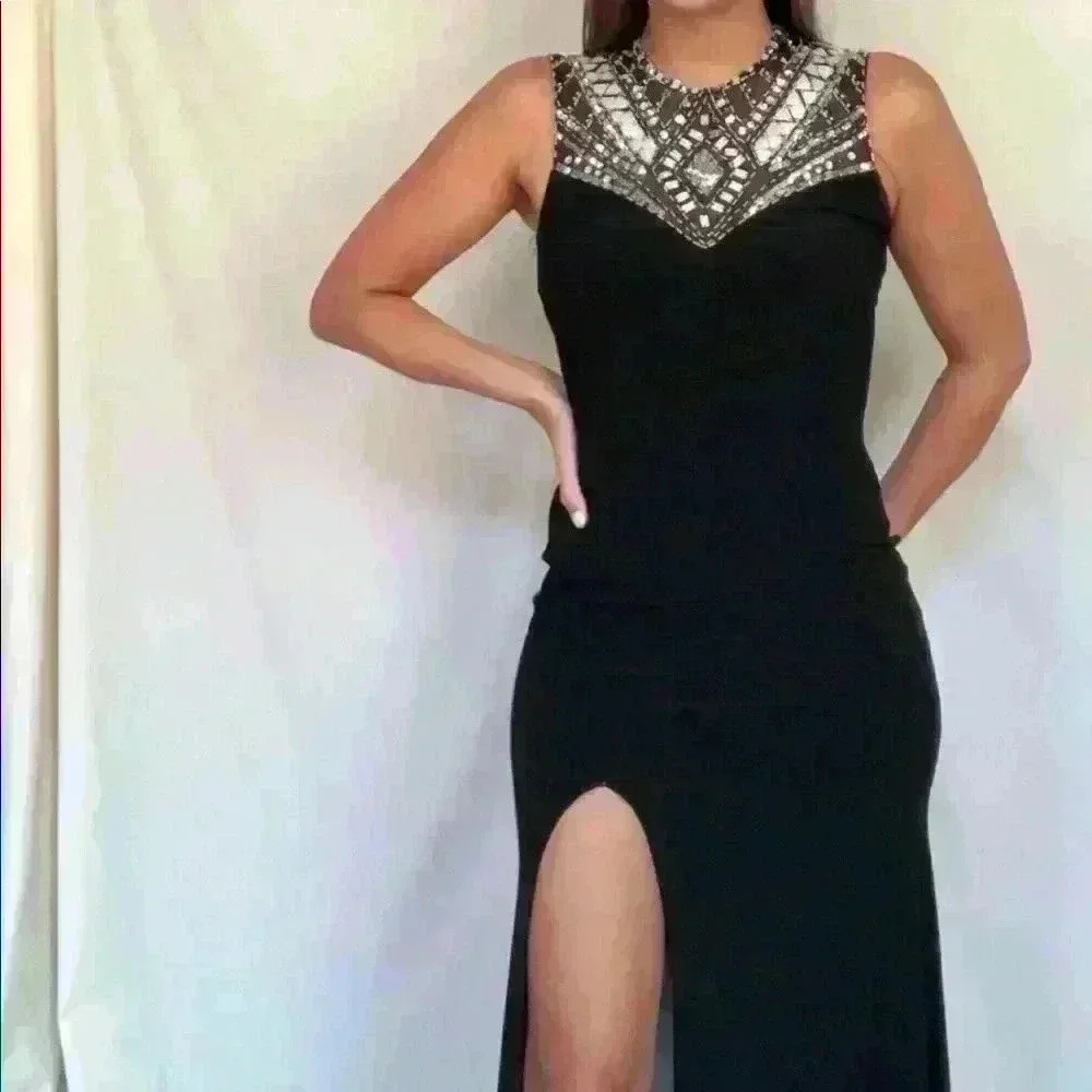 Long rhinestone top black evening gown
